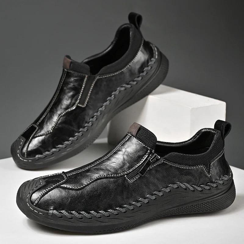 LETCOMFIT Handmade Genuine Leather Men Shoes Casual Comfort Slip on Loafers Men Flats Wear-resistant Walking Shoes All Season