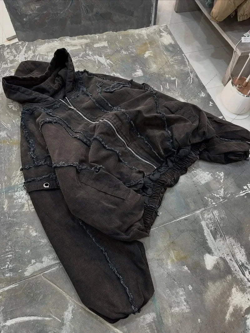 New Gothic Punk Dark Striped Patchwork Zipper Hoodie Men American Retro Loose Streetwear Hip-hop Casual Oversized Sweatshirt