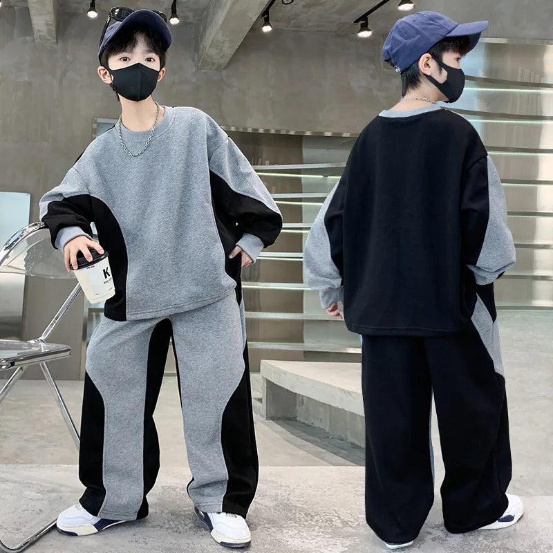 2025 teenager boys Suit autumn winter Cloth letter striped sweatshirt hooded + wide leg Pants tracksuit 5 8 10 12 Year Child set