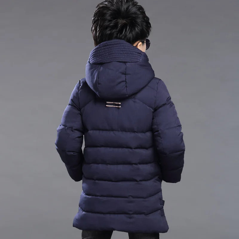 Winter New Teen Boys Jacket Long Style Solid Color Thick Keep Warm Hooded Outwear For 5-14 Years Kids Down Cotton Windbreaker