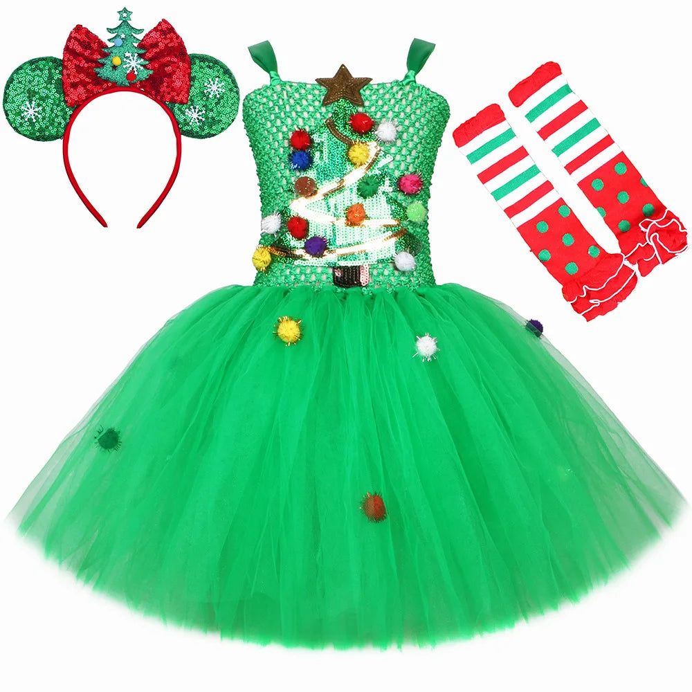 Sparkly Green Christmas Tree Costumes for Girls Flowers Xmas Party Tutu Dress Kids New Year Twinkle Outfit Child Holiday Clothes
