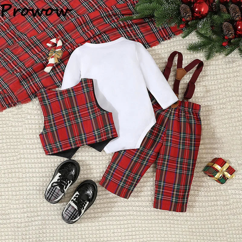 My First Christmas Baby Boys Outfits Necktie Bodysuit+Plaid Waistcoat+Suspender Pants 4pcs Formal Suit For Baby New Year Costume