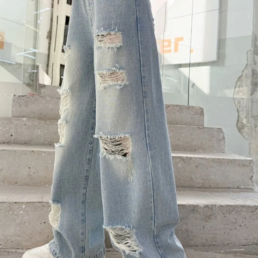 Ripped Wide Children Jeans Loose Leg Straight Blue Teen Girl Jeans High Waist Korean Style Girls Denim Trousers Spring Autumn