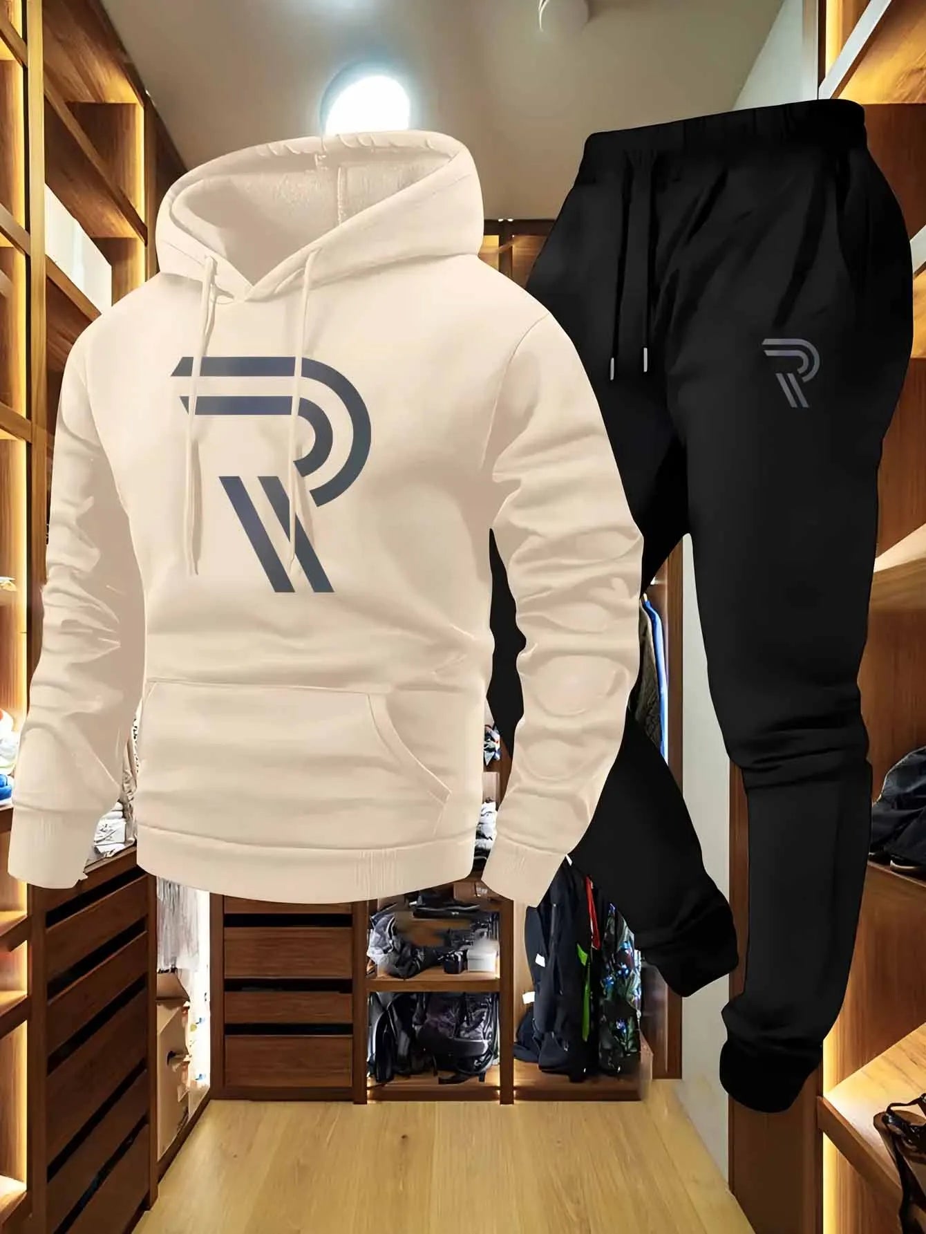 Men's Sporty Two-Piece Set Hoodie And Pants Gray Black Logo Non-Stretch Regular Fit with Pockets for Fall_Winter tracksuit men