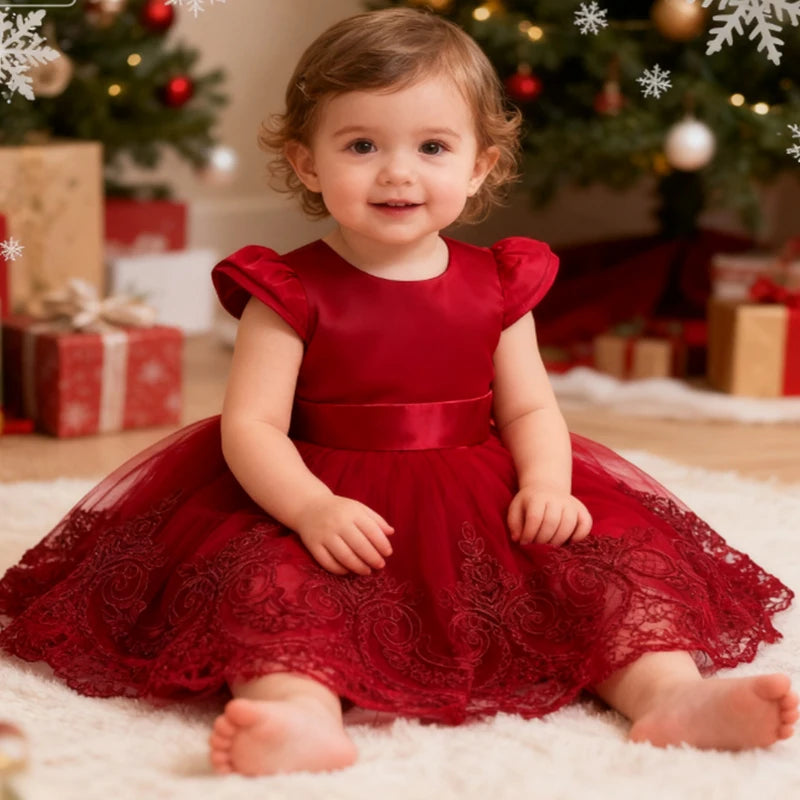 2025 Toddler Christmas Party Baby Dresses Flower Embroidery Princess Dress Girls 1st Birthday Party Baptism Infant Dress Gown