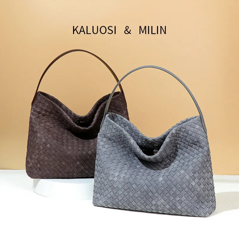 High-End Large Capacity Women's Woven Suede Bucket Bag Underarm Shoulder Crossbody Soft Vintage Tote Bag Polyester Lining