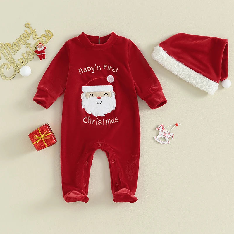 Baby Christmas Outfit Long Sleeve Semi-high Neck Santa Claus Footie Jumpsuit with Hat 2-piece Outfit for Boys Girls
