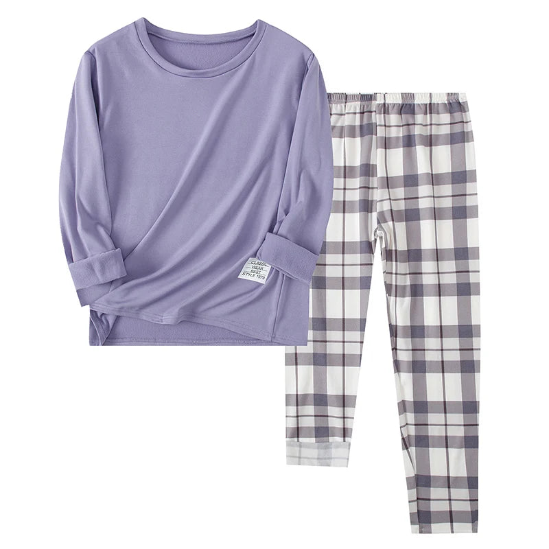 14+ Teen Solid Color T-shirt Plaid Trousers Home Service Girl Round Neck Pajamas Junior High School Boy Leisure Suit Spring And