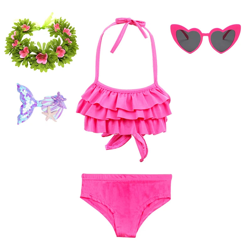 2Pcs/Set Fashion Girls Sling Bikini Summer Holiday Kids Swimsuit Children's Beach Vacation Beachwear Ruffle Style Split Swimwear