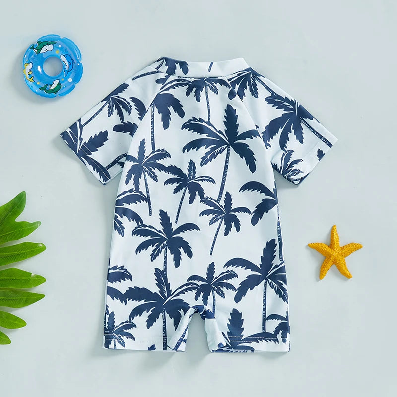 Summer Toddler Infant Baby Boys Girl Rash Guard Swimsuit Coconut Tree Print Short Sleeve Mock Neck Zip Bathing Suit