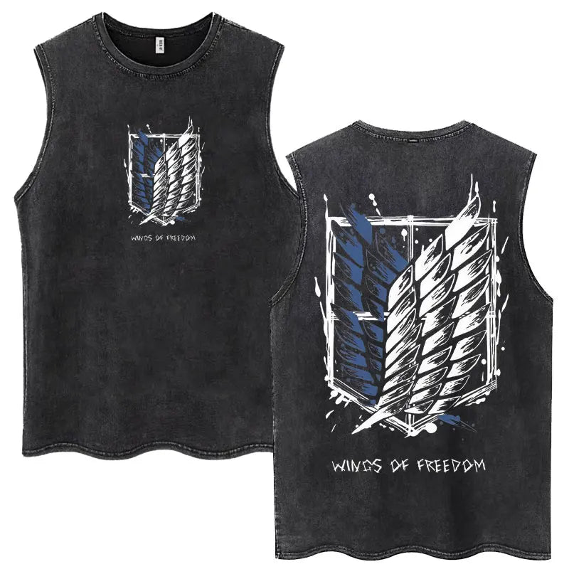Washed Anime Attack on Titan Vintage Tank Tops Eren Yeager Shingeki No Kyojin Sleeveless T Shirt Men's Cotton Loose Y2k T Shirts