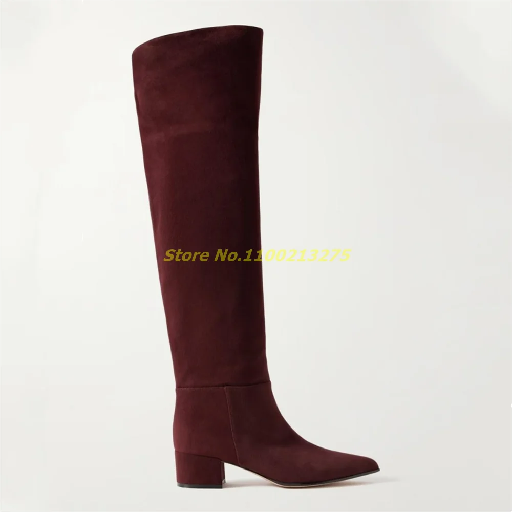 Block Heel Knee High Suede Boots Square High Heel Back Zipper Tan Black Fashion 2025 Winter Women Dress Shoes