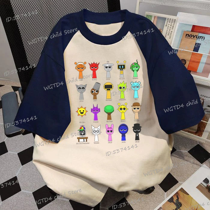 Sprunki Cartoon T-Shirt Boys Girls Shoulder Insertion Short Sleeve Tee New Design Cotton Summer Kids Clothes Gamer Humor Tees