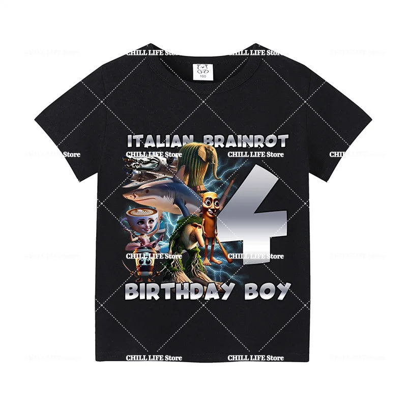 Italian Brainro Kids Birthday Number T-shirts Tung Tung Tung Sahur Summer Clothes Funny Meme Short Sleeves Tops Boys Girls Tees