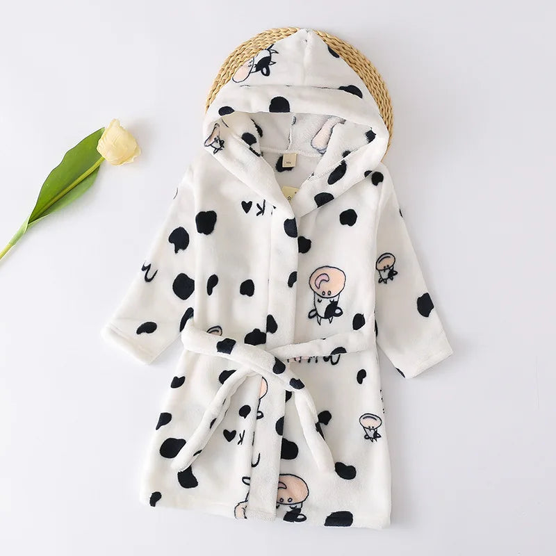 2025 Kids Hooded Flannel Bathrobe Baby Bath Bear Printed Robes Boys Girls Cute Cartoon Soft Warm Pajamas Long Sleeve Towel Robe