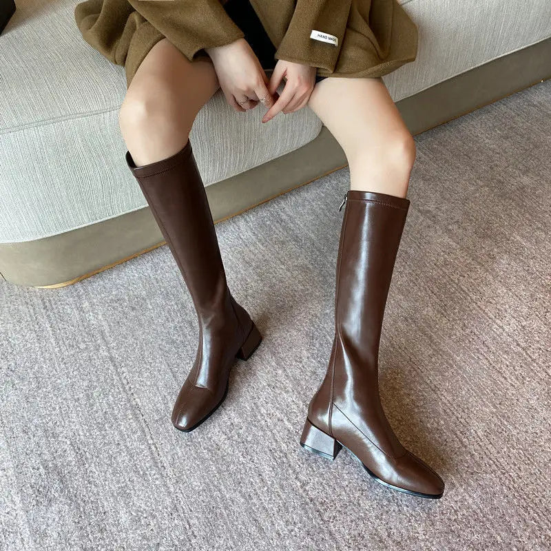 Ladies Boots Elastic Brown Middle Heel Footwear Square Toe Shoes for Women New in Designer Luxury Winter 2025 Novelty Fashion Pu