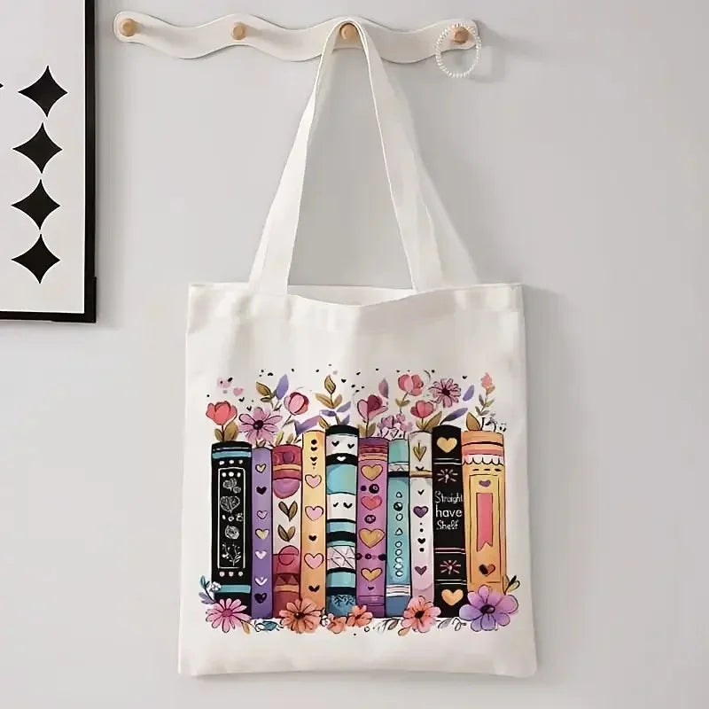 "I'm with The Banned" Funny Canvas Tote Bag Women Wildflower and Books Shopping Bag Vintage Teacher Reusable Female Shoulder Bag