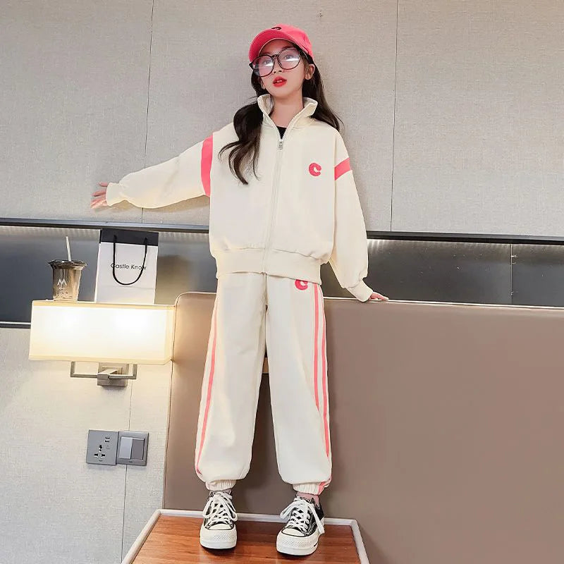 Spring Teenage Girl Clothes Embroidery Jacket Coat and Stripe Pants Outfit Children Casual Top and Bottom 2 Piece Suit Tracksuit