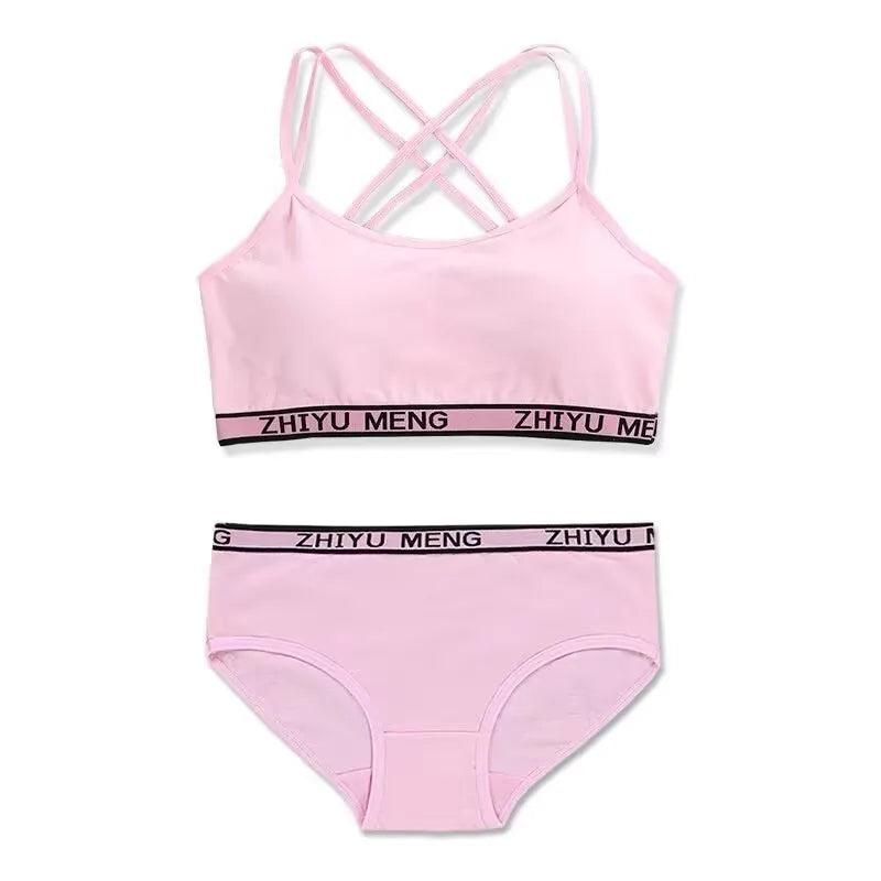 Teens Girls Cotton Training Bra Summer Breathable Briefs Panties Set Puberty Clothing 8-16 Years