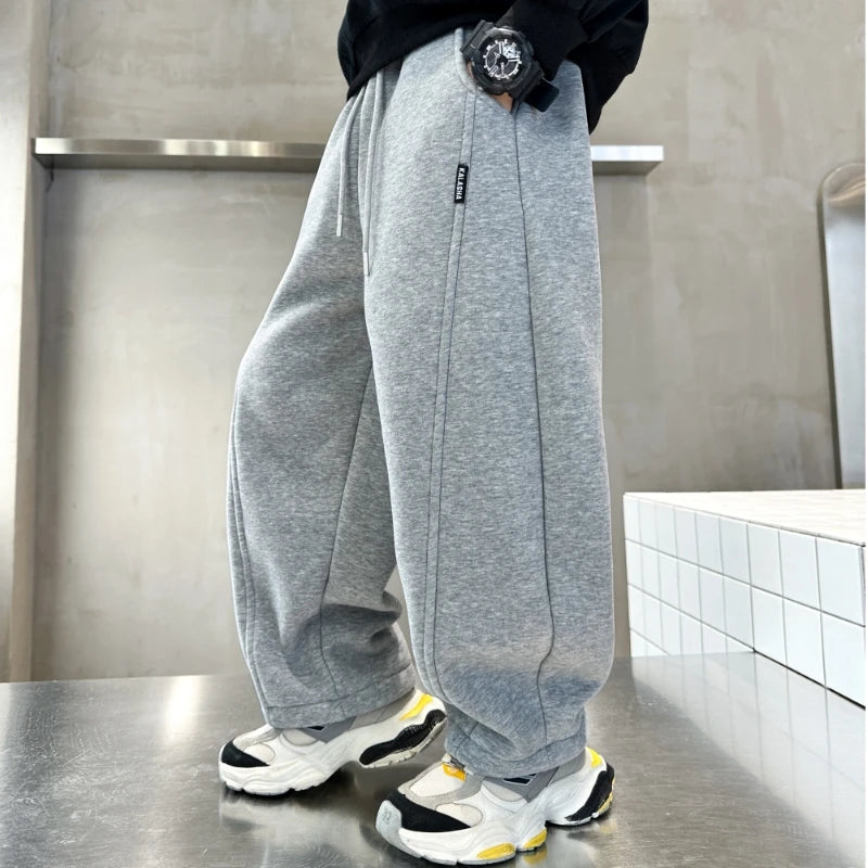 Minimalism Style Kids Cotton Knitted Sports Pants for Boys Casual Wide Leg Trousers Trackpants Children Black Grey Sweatpants