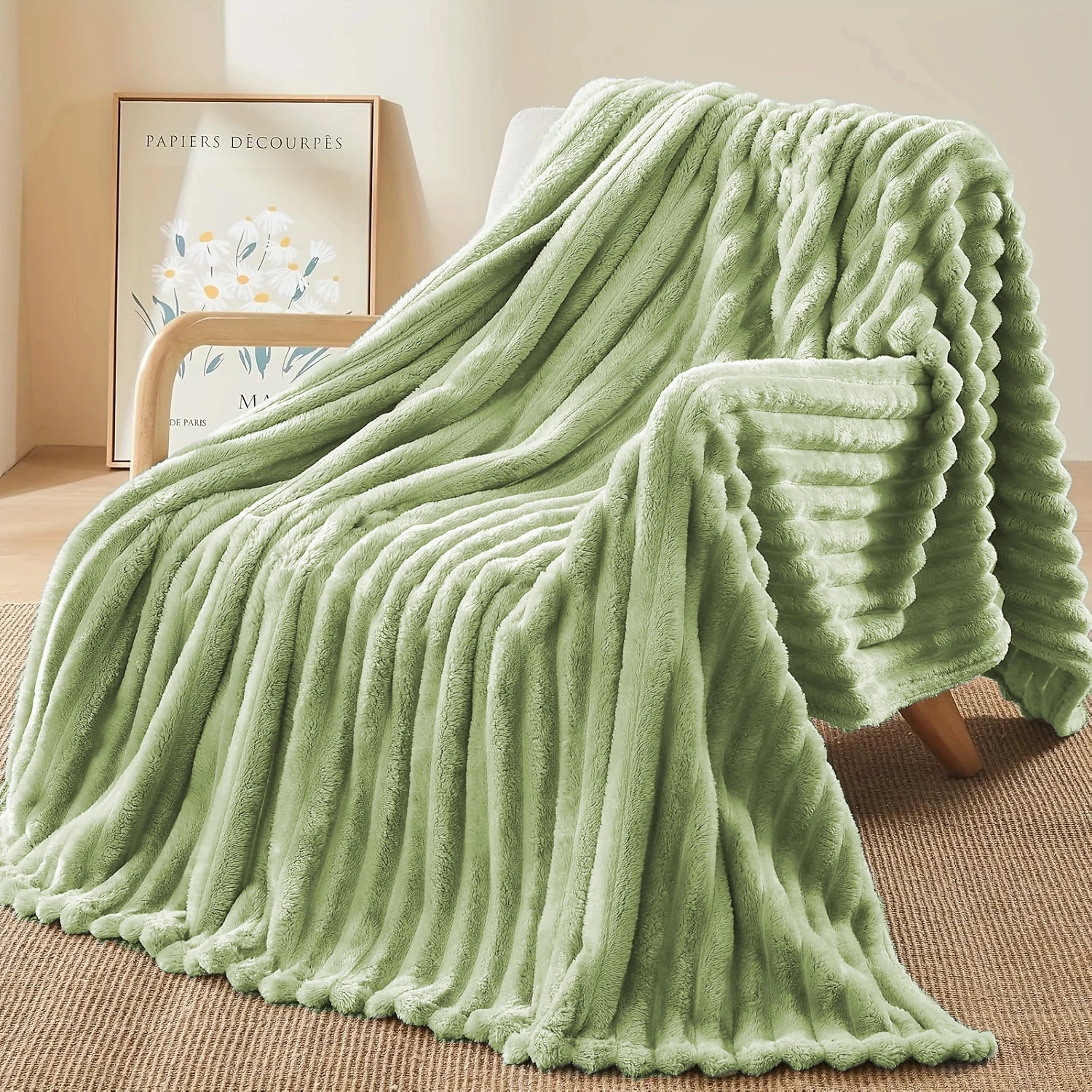 Super Soft Throw Blanket Grey Premium Silky Flannel Fleece 3D Ribbed Jacquard Lightweight Bed Blanket All Season Use