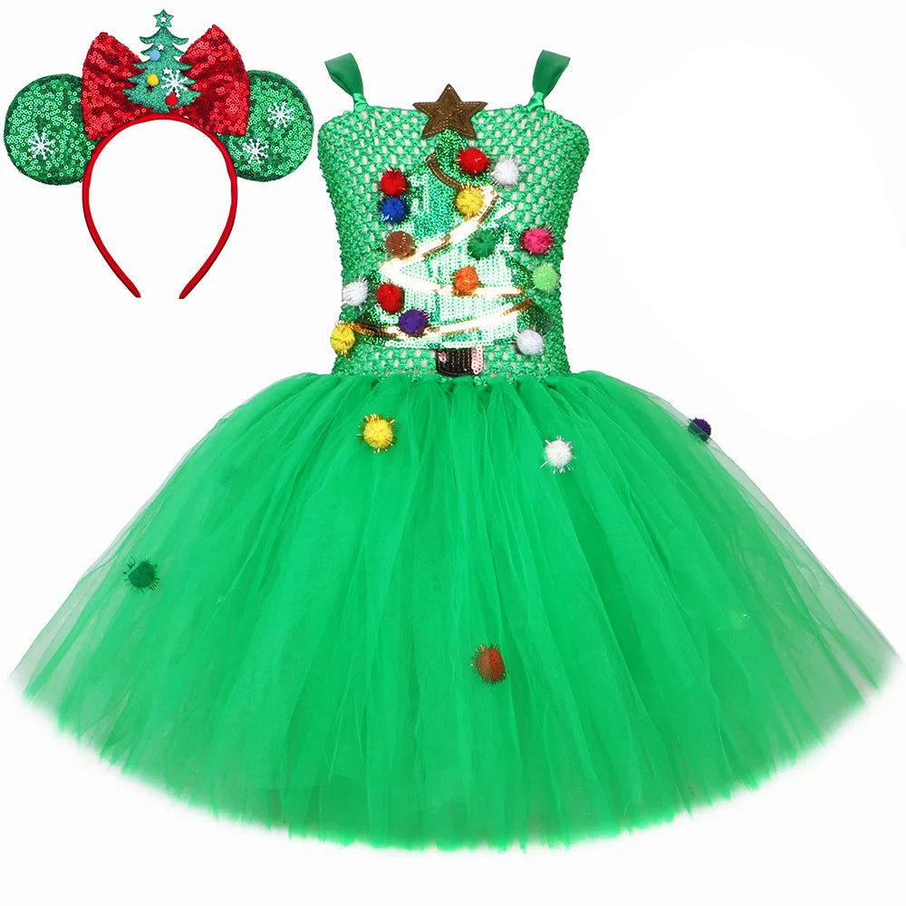 Sparkly Green Christmas Tree Costumes for Girls Flowers Xmas Party Tutu Dress Kids New Year Twinkle Outfit Child Holiday Clothes