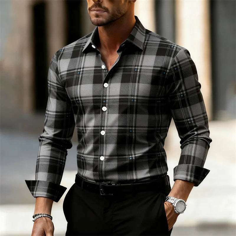 Men's plaid shirt, fashionable and casual street style long-sleeved shirt, men's tops, outdoor daily wear, large sizes XS-6XL