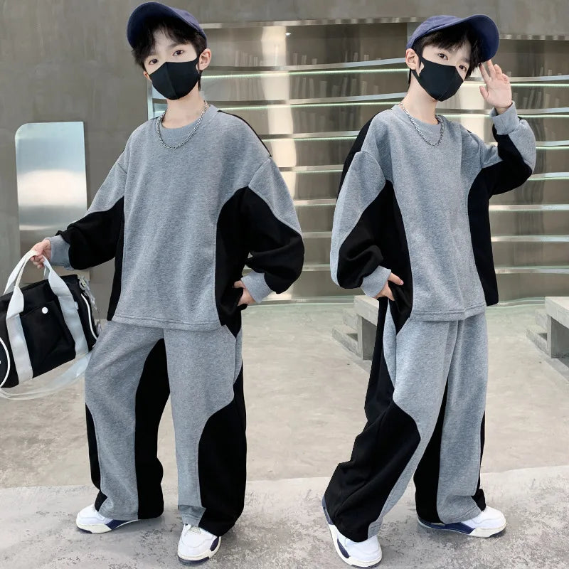 2025 teenager boys Suit autumn winter Cloth letter striped sweatshirt hooded + wide leg Pants tracksuit 5 8 10 12 Year Child set