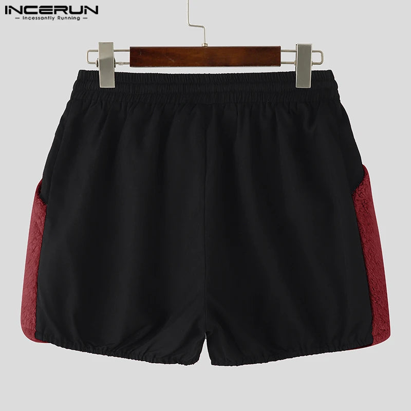 INCERUN Men Shorts Fleece Plush Patchwork Drawstring Zipper Casual Men Bottoms Joggers Streetwear 2025 Fashion Male Shorts S-5XL