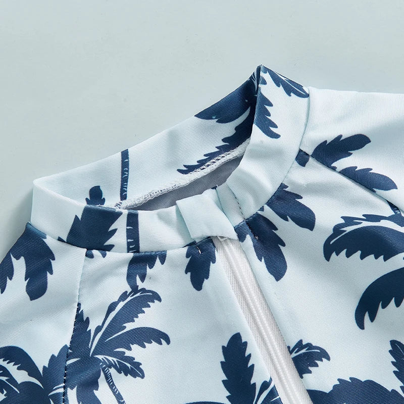 Summer Toddler Infant Baby Boys Girl Rash Guard Swimsuit Coconut Tree Print Short Sleeve Mock Neck Zip Bathing Suit
