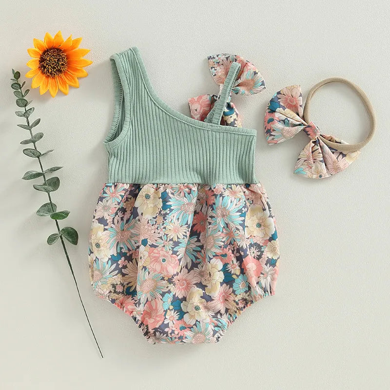 0-18months Baby Girl Summer Bodysuit Floral One Shoulder Romper and Stretch Headband Playsuit for infant girls