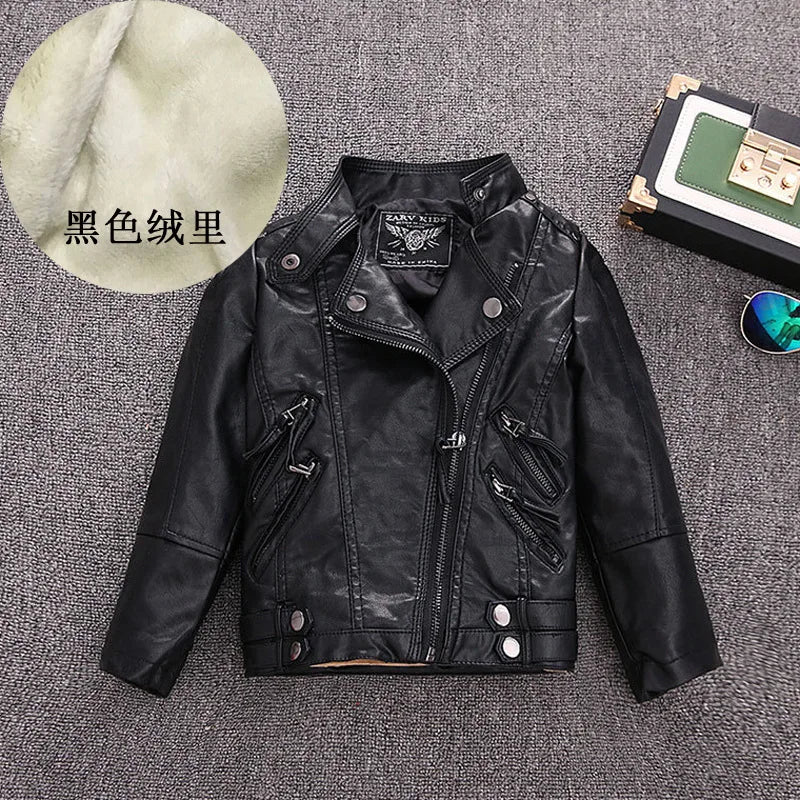 2-14 Years Old Girls Faux Leather Jacket Children PU Coat Long Sleeve Zip Belt Locomotive Jacket Stylish Teen Kids Boys Jackets