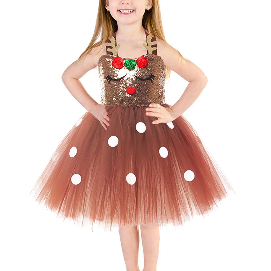 Brown Sequin Deer Costumes for Girls Christmas Princess Dresses Kids Reindeer Cosplay Outfit Children New Year Clothes Xmas Gift