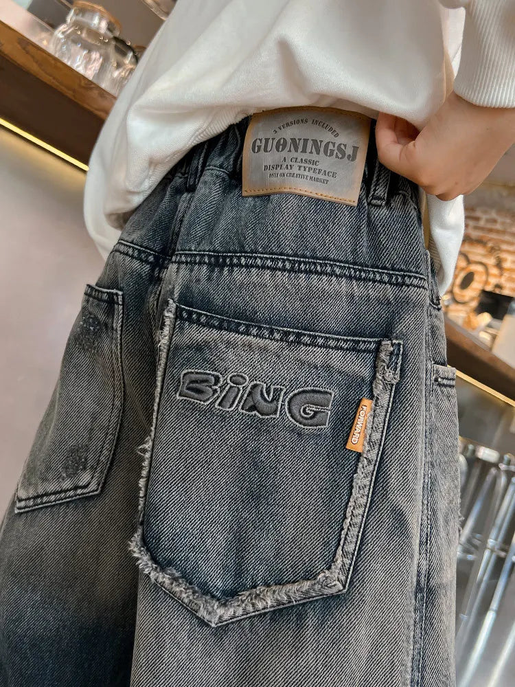 New Teenagers Boys Jeans Children Wide Leg Denim Pants for Kids Loose Pockets Trousers Spring Autumn 4 6 8 10 11 12 13 14 Years