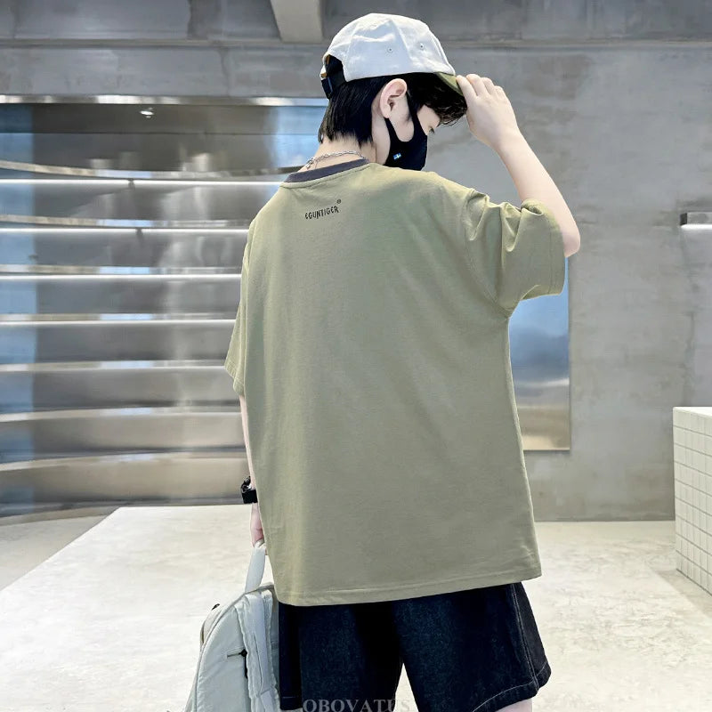 Summer Tees Tops for Teen Boy Cotton T-Shirt New Short Sleeve Fashion Cartoon Tshirts for Children Korea Kids Luxury Clothes