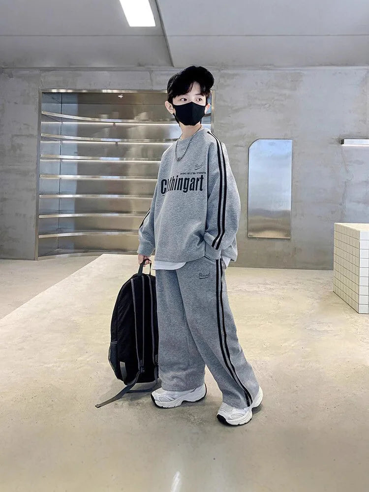 Teenager Boys Autumn Winter Cloth loose striped sweatshirt hooded + wide leg Pants tracksuit 5 8 10 12 Year Child set