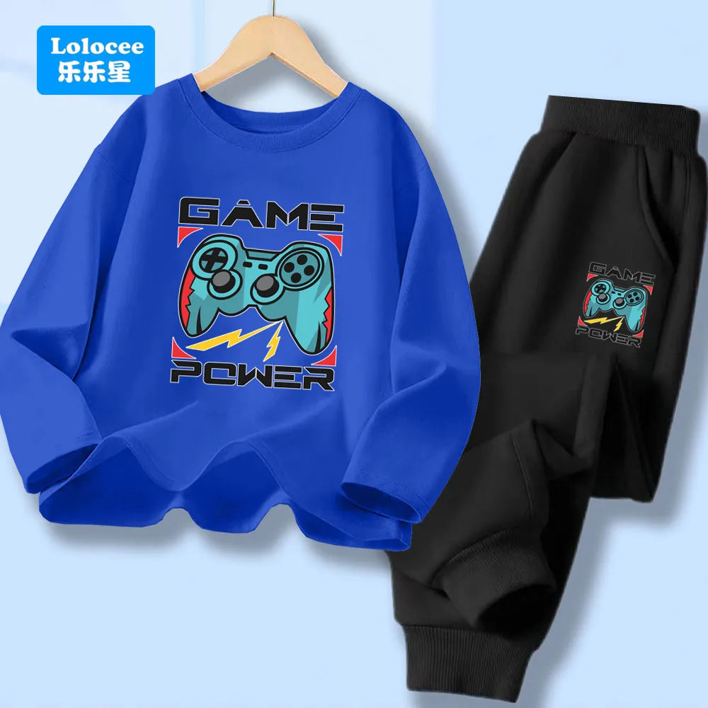 Kids Sport Outfit Teens Spring Autumn Long Sleeve T-shirt Top & Pants 2pcs Sets Boys' Gamepad Printed Tracksuit YXJ01
