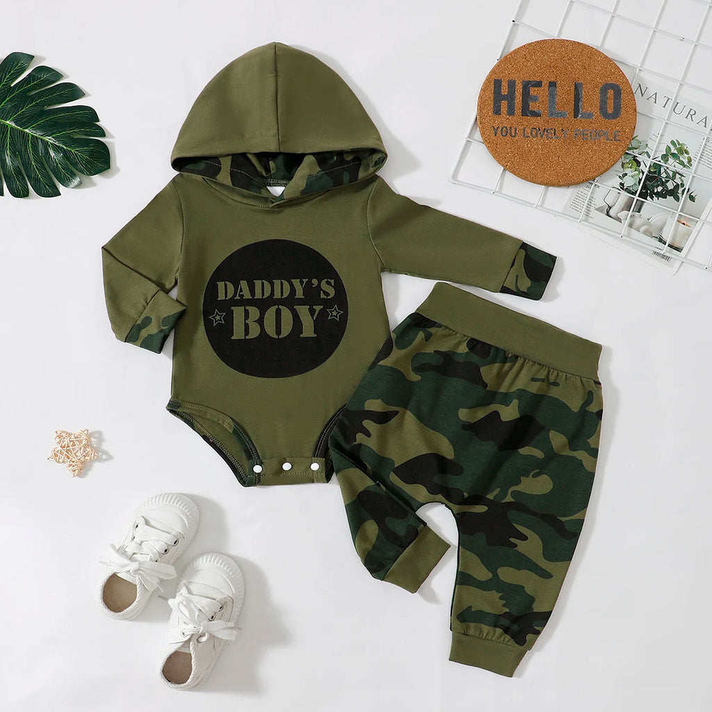 0-24 Month Baby Boy Set Hoodies Long sleeved Letter Top+Camouflage Pants2PcsCool Boy Spring and Autumn Sports and Leisure Set