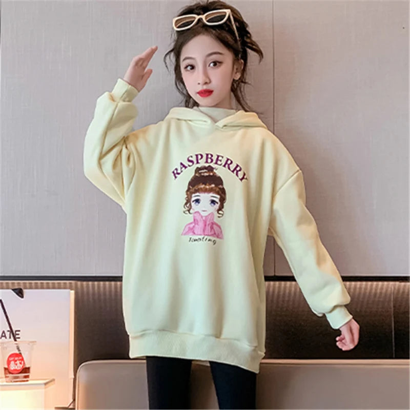 Teenage Girls Hoodies Sweatshirts Cool Girl Warm Insulated Outerwear with Cartoon New Winter Thicken Clothes Cotton Hooded Tops