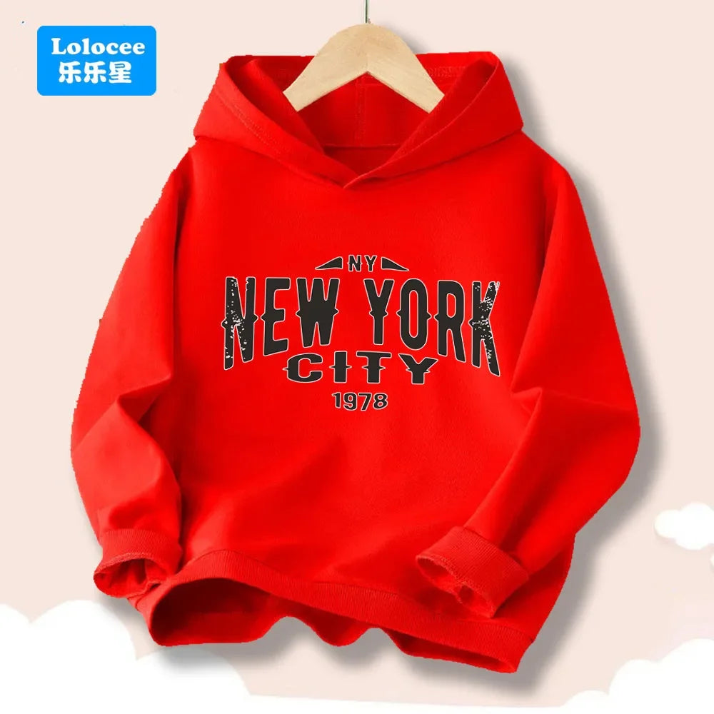 New York Letter Graphic Print Hoodies for Boy Girl Long Sleeve Retro Pullover Sweatshirt Teens Autumn Fashion Tops ZMNY1