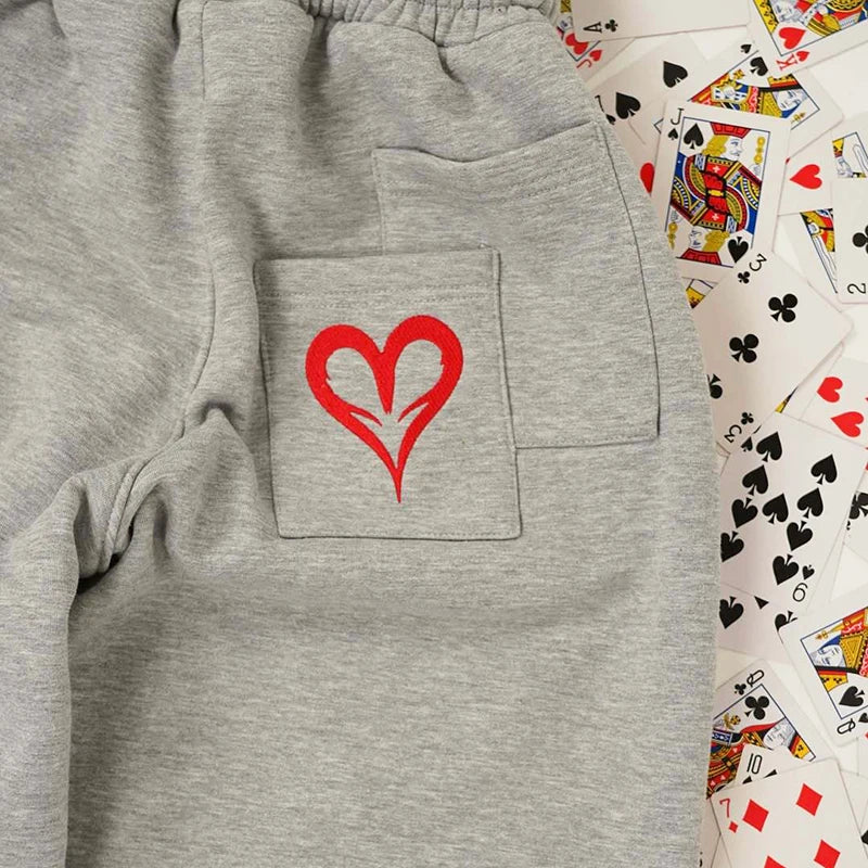 2025 Poker Card Love Embroidery Pattern Casual Double Waist Two-Piece Pants Popular Fake Two-Piece Double Waist Head Pants