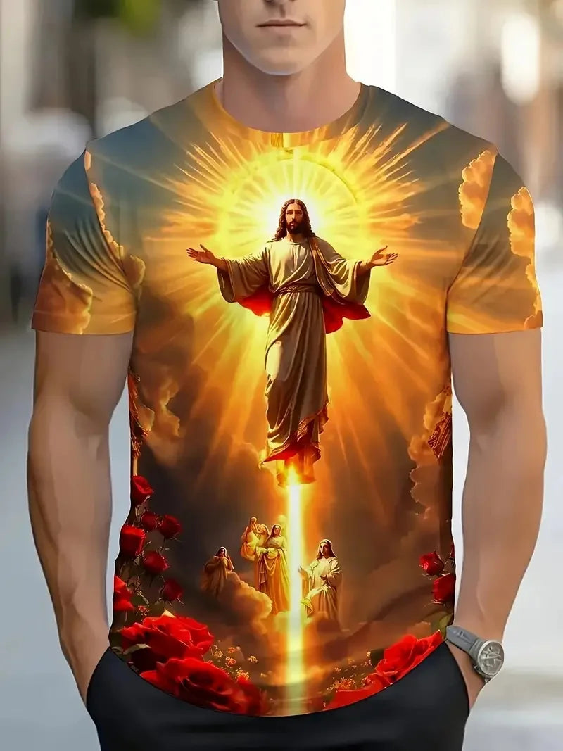 Men's 3D Jesus Print T-Shirt Short Sleeve Casual Crew Neck Praying Hands Design Tshirt For Men New In Oversized Tee Shirt Tops