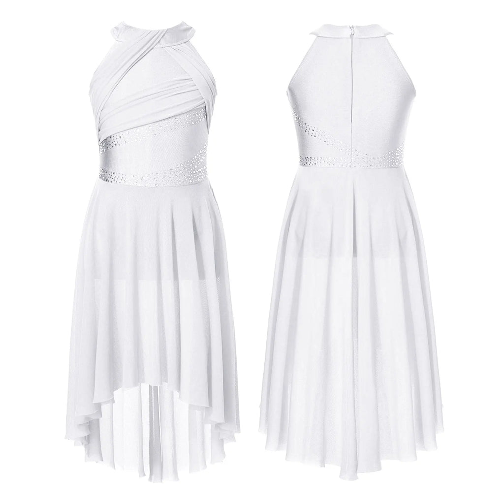 Teen Girls Modern Lyrical Dance Dress Latin Ballet Gymnastics Skating Clothes Sleeveless Shiny Rhinestone Ruched Leotard Tutu