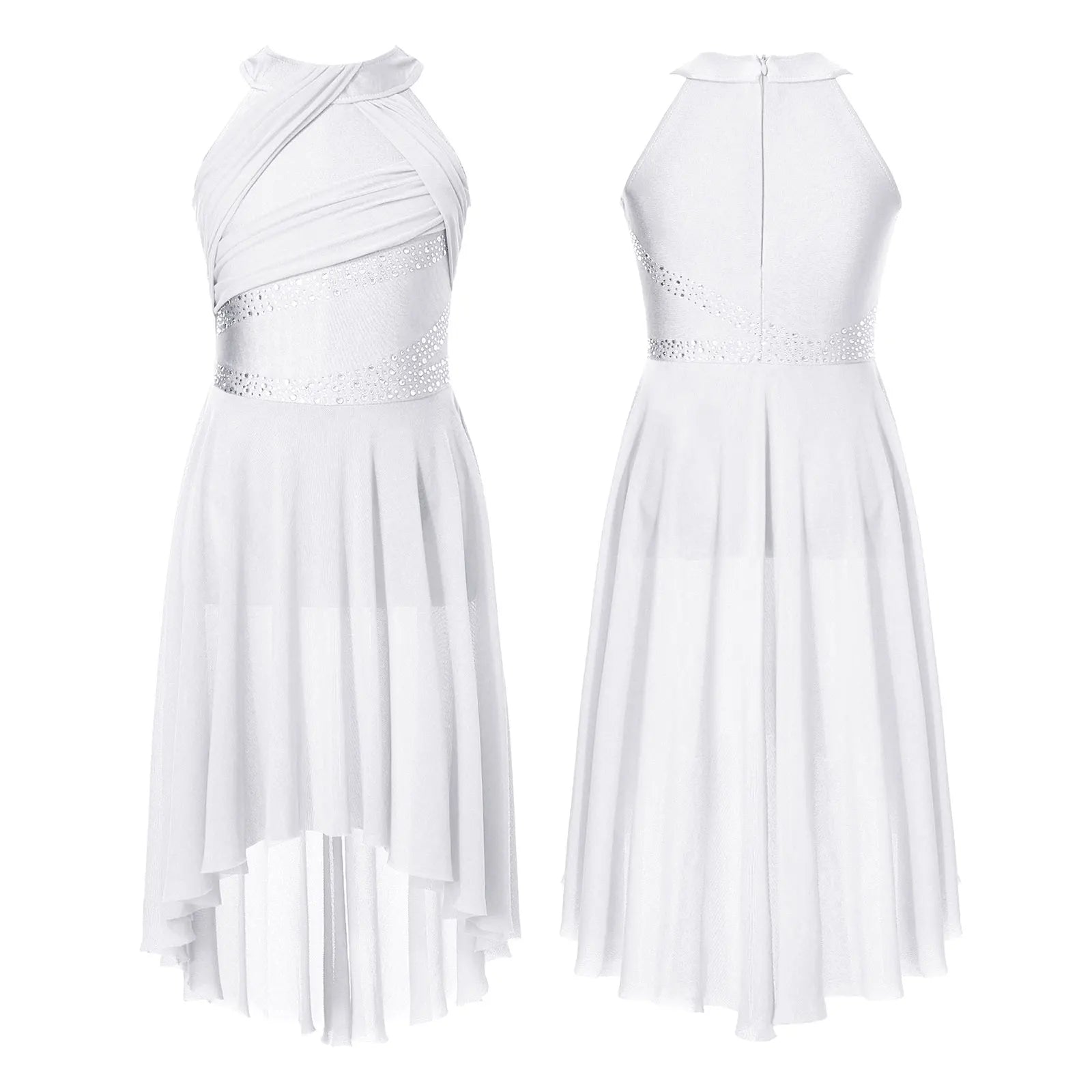 Teen Girls Modern Lyrical Dance Dress Latin Ballet Gymnastics Skating Clothes Sleeveless Shiny Rhinestone Ruched Leotard Tutu