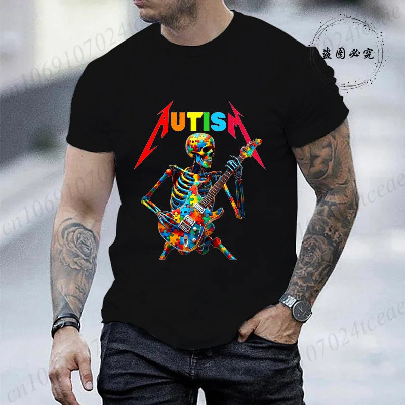 Autism Skeleton Guitar Player Rock Music Autism Awareness Shirt Fashion T-shirt for Men Tops Summer Casual Men's Tshirt Clothing