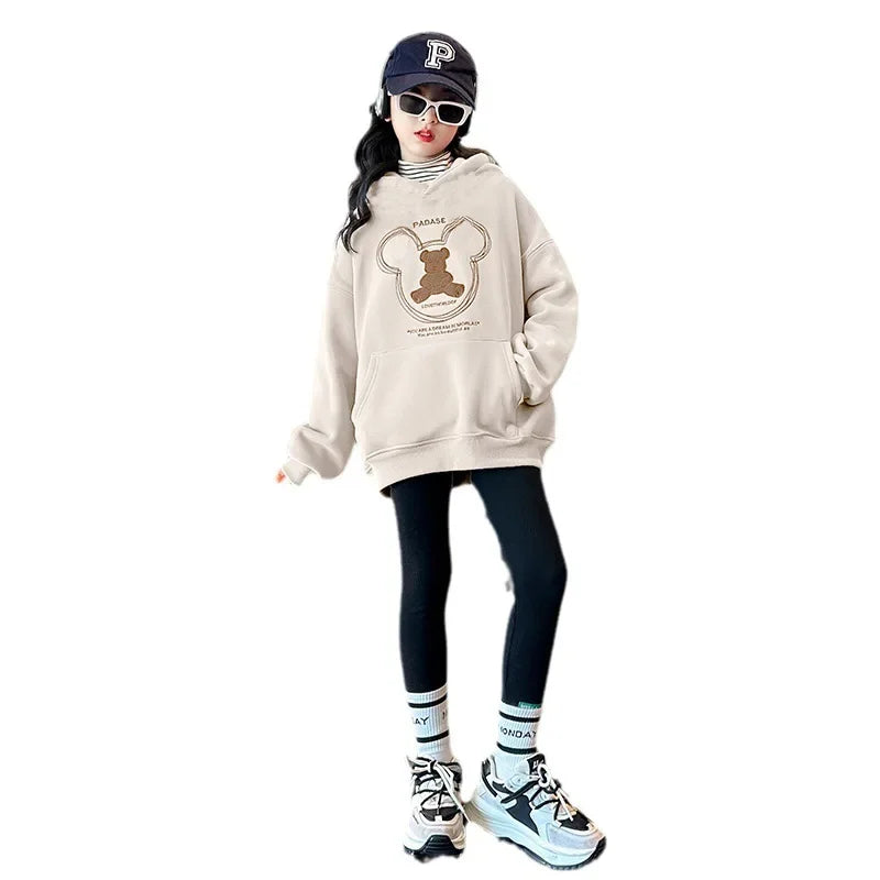 2025 girls clothes autumn winter sweatshirt bear t-shirt hooded + stretch pants leggings teens children set 8 9 10 11 12 year