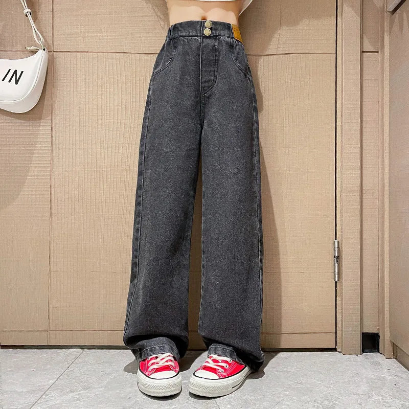 Teenage Girls Jeans 2025 Spring Autumn Casual Fashion Loose Blue Kids Leg Wide Pants School Children Trousers 6 8 10 12 Year
