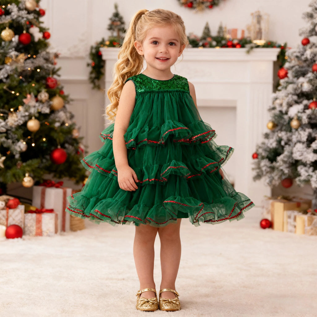 Sequin Christmas Party Costume for Girl Carnival Halloween Tulle Birthday Prom Girl Dresses Layered Wedding Evening Kids Clothes