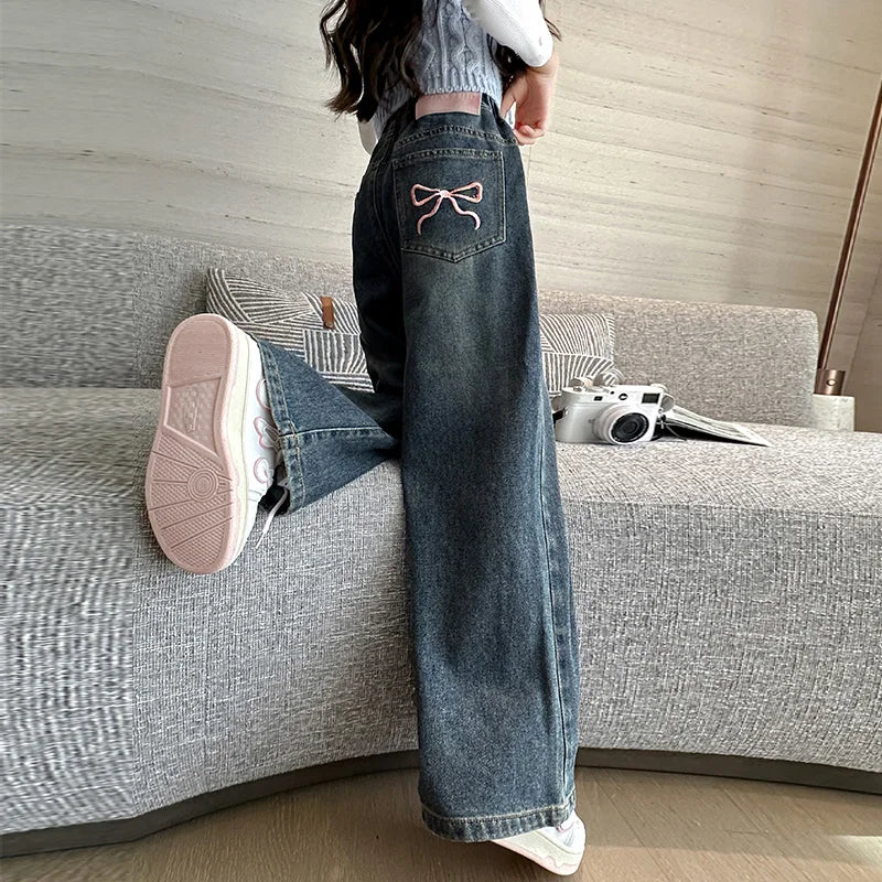 Girls Straight Jeans Autumn Collection Embroidered Pink Bow Detail Suitable for Ages 5-15