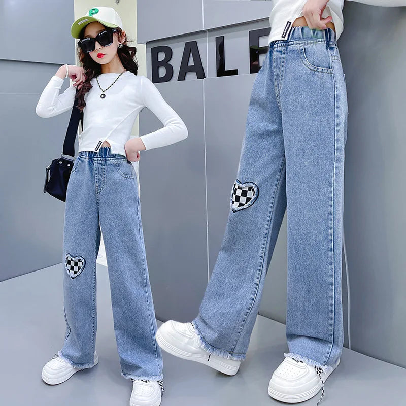 Girls Jeans spring autumn Casual Loose Side Gradient Color Young Children hole Wide Leg Pants3-12Years Teen School Kids Trousers